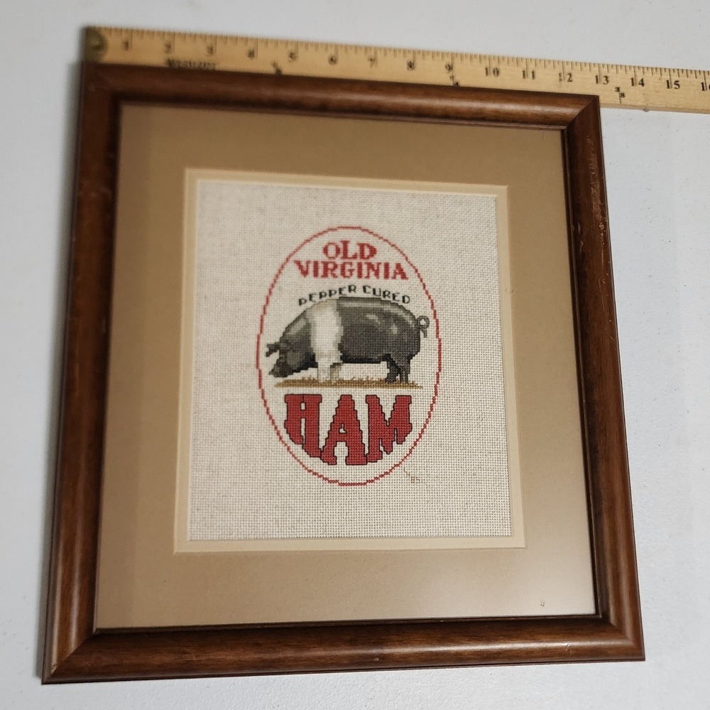 Vintage 1985 Old Virginia Ham Pig Cross Stitch Framed Wall Art Farmhouse Decor